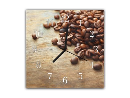 Nástěnné hodiny 30x30cm zrna kávy na dřevěném stole (Materiál kalené sklo)