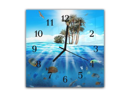 Nástěnné hodiny 30x30cm pod hladinou moře (Materiál kalené sklo)