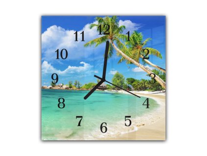 Nástěnné hodiny 30x30cm moře pláž Seychely (Materiál kalené sklo)