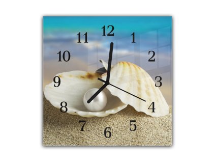 Nástěnné hodiny perla v mušli u moře (Materiál kalené sklo)