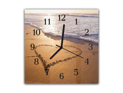 Nástěnné hodiny 30x30cm srdce v písku na pláží (Materiál kalené sklo)