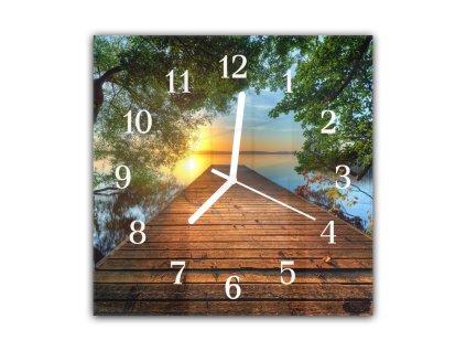 Nástěnné hodiny 30x30cm molo, západ slunce nad jezerem (Materiál kalené sklo)