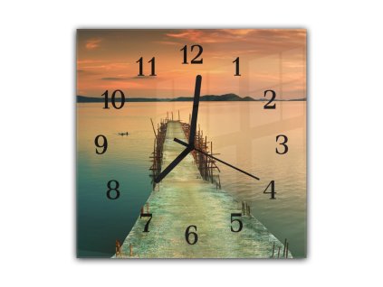 Nástěnné hodiny 30x30cm molo do moře v západu (Materiál kalené sklo)
