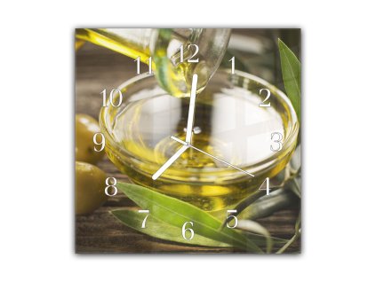 Nástěnné hodiny 30x30cm olivy a olej (Materiál kalené sklo)
