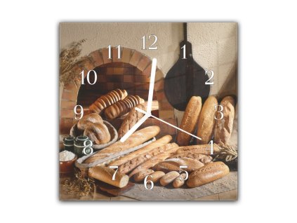 Nástěnné hodiny 30x30cm čerstvé pečivo (Materiál kalené sklo)