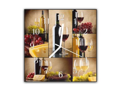 Nástěnné hodiny 30x30cm sklenice, hrozny, láhev víno (Materiál kalené sklo)