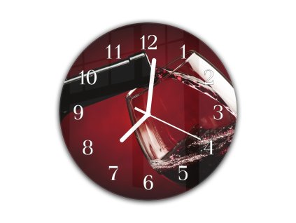 Nástěnné hodiny kulaté pr.30cm láhev a sklenice červeného vína (Materiál kalené sklo)