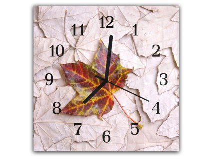 Nástěnné hodiny 30x30cm list javorový jako pozadí i detail (Materiál kalené sklo)