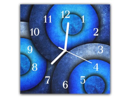 Nástěnné hodiny 30x30cm kulatý vzor modrý abstrakt (Materiál kalené sklo)