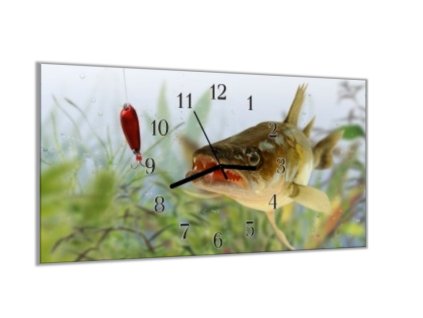 Nástěnné hodiny 30x60cm ryba candát na třpytce (Materiál kalené sklo)