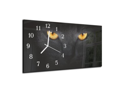 Nástěnné hodiny 30x60cm detail hlavy černé kočky (Materiál kalené sklo)