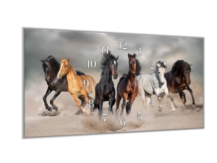 Nástěnné hodiny 30x60cm běžící koně v pouštním prachu (Materiál kalené sklo)