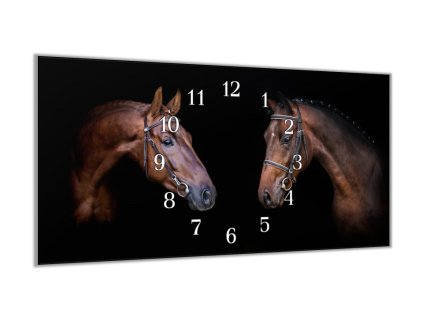 Nástěnné hodiny 30x60cm dvě hlavy hnědého koně (Materiál kalené sklo)