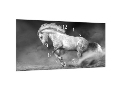 Nástěnné hodiny 30x60cm kůň šedý grošák (Materiál kalené sklo)