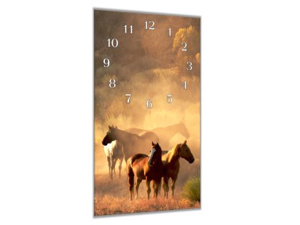 Nástěnné hodiny 30x60cm klidné stádo koní (Materiál kalené sklo)