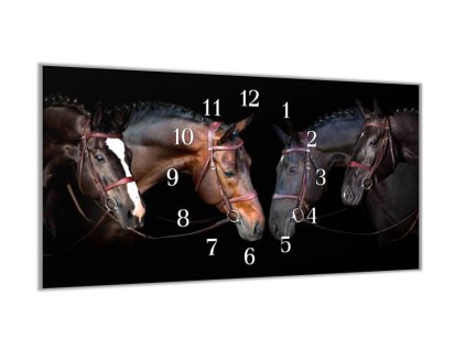 Nástěnné hodiny 30x60cm čtyři hlavy koňů (Materiál kalené sklo)