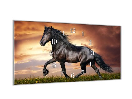 Nástěnné hodiny 30x60cm fríský kůň v klusu (Materiál kalené sklo)