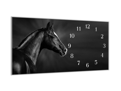 Nástěnné hodiny 30x60cm černý arabský kůň (Materiál kalené sklo)