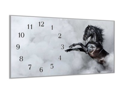 Nástěnné hodiny 30x60cm černý španělský kůň (Materiál kalené sklo)