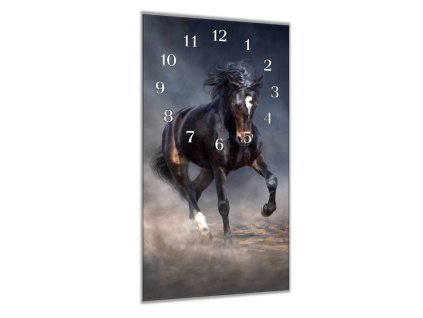 Nástěnné hodiny 30x60cm černý kůň v klusu (Materiál kalené sklo)