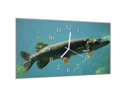 Nástěnné hodiny 30x60cm štika ve vodě (Materiál kalené sklo)