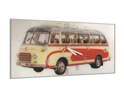 Nástěnné hodiny 30x60cm veterán autobus bílé pozadí (Materiál kalené sklo)
