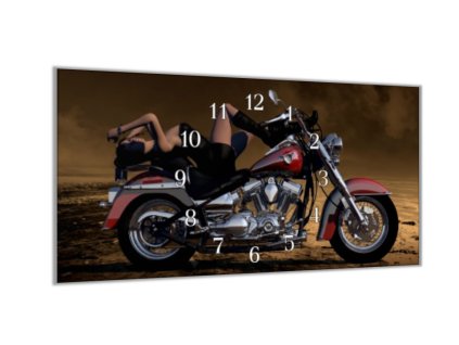 Nástěnné hodiny 30x60cm žena na červené motorce (Materiál kalené sklo)