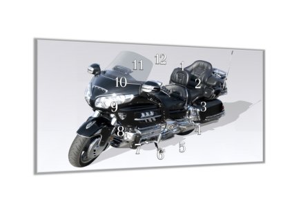 Nástěnné hodiny 30x60cm černá cestovní motorka (Materiál kalené sklo)