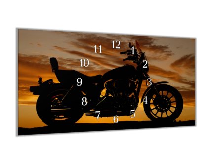 Nástěnné hodiny 30x60cm silueta motorky v západu slunce (Materiál kalené sklo)