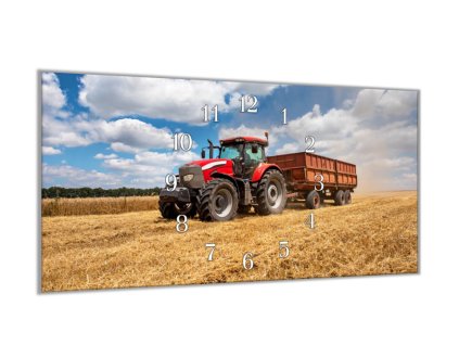Nástěnné hodiny 30x60cm traktor Case s vlečkou (Materiál kalené sklo)