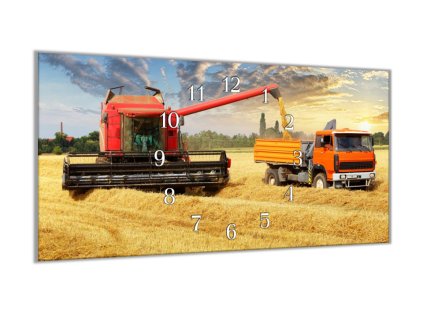 Nástěnné hodiny 30x60cm kombajn a Liaz na poli (Materiál kalené sklo)