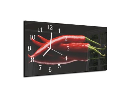 Nástěnné hodiny chilli paprika černé pozadí 30x60cm (Materiál kalené sklo)