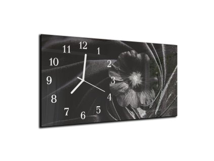 Nástěnné hodiny květ ibišek černé 30x60cm (Materiál kalené sklo)