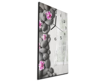 Nástěnné hodiny orchidej, kámen, bílé dřevo 30x60cm (Materiál kalené sklo)