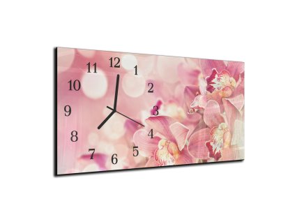 Nástěnné hodiny 30x60cm - detaily květů růžové orchideje (Materiál kalené sklo)