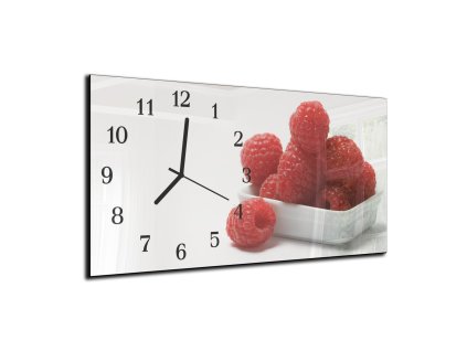 Nástěnné hodiny maliny v bílé misce 30x60cm (Materiál kalené sklo)