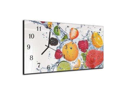 Nástěnné hodiny ovoce ve vodě bílé pozadí 30x60cm (Materiál kalené sklo)