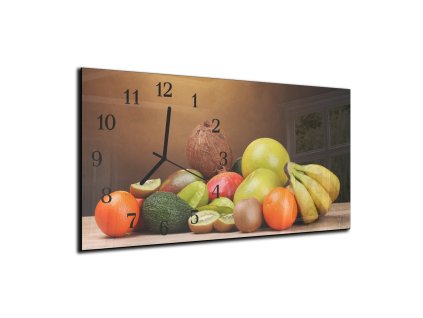 Nástěnné hodiny čerstvé ovoce pozadí dřevo 30x60cm (Materiál kalené sklo)