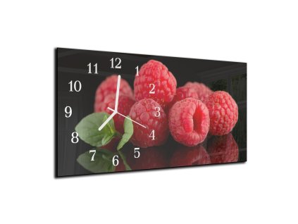Nástěnné hodiny ovoce maliny černé pozadí 30x60cm (Materiál kalené sklo)