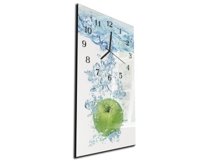 Nástěnné hodiny zelené jablko ve vodě 30x60cm (Materiál kalené sklo)