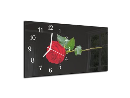 Nástěnné hodiny rudá růže černý podklad 30x60cm (Materiál kalené sklo)