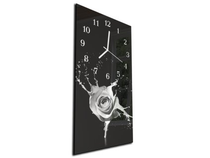 Nástěnné hodiny černo bílá růže 30x60cm (Materiál kalené sklo)
