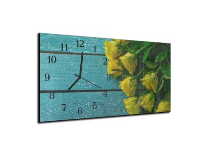Nástěnné hodiny žluté růže modré dřevo 30x60cm (Materiál kalené sklo)