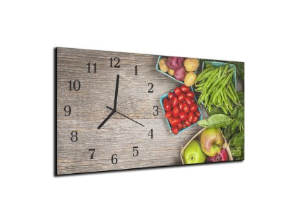 Nástěnné hodiny zelenina, ovoce pozadí dřevo 30x60cm (Materiál kalené sklo)