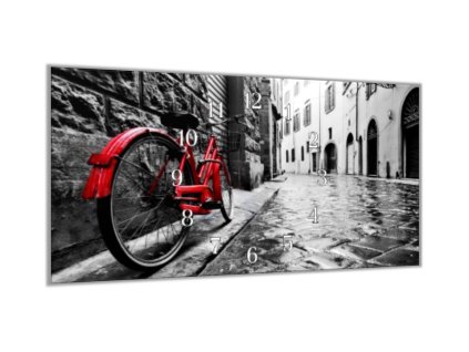 Nástěnné hodiny 30x60cm retro červené kolo dlážděná ulice (Materiál kalené sklo)