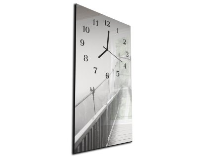 Nástěnné hodiny 30x60cm most v mlze černobílý (Materiál kalené sklo)