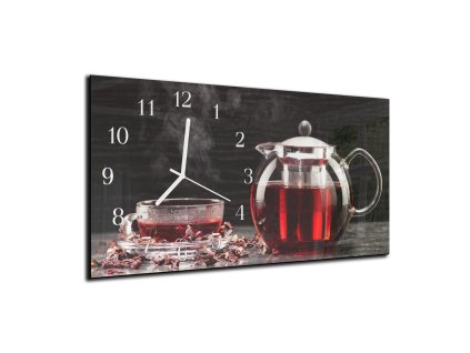 Nástěnné hodiny 30x60cm konvice s čajem (Materiál kalené sklo)