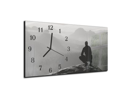Nástěnné hodiny 30x60cm člověk a hory (Materiál kalené sklo)