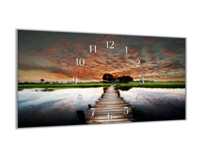 Nástěnné hodiny 30x60cm dřevěný most nad jezerem (Materiál kalené sklo)