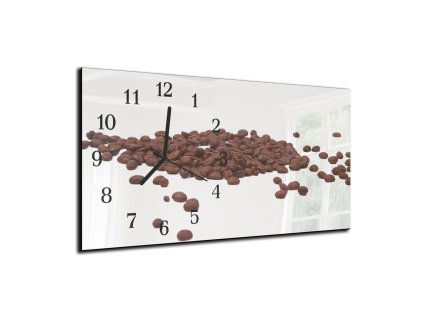 Nástěnné hodiny 30x60cm zrna kávy, bílé pozadí (Materiál kalené sklo)
